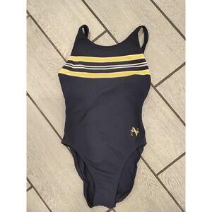 Nautica Y2K One Piece Swimsuit Navy Blue Yellow Striped Athletic Size 6